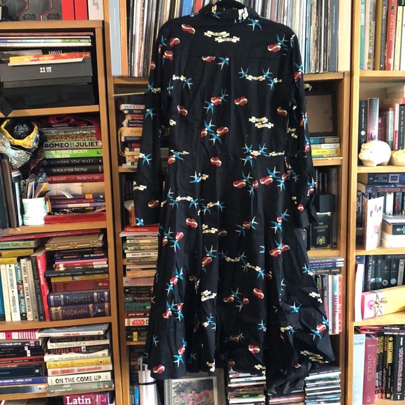 Collectif UK 12/ US 8 Long Sleeve black dress with blue bird and hearts print - Picture 6 of 7